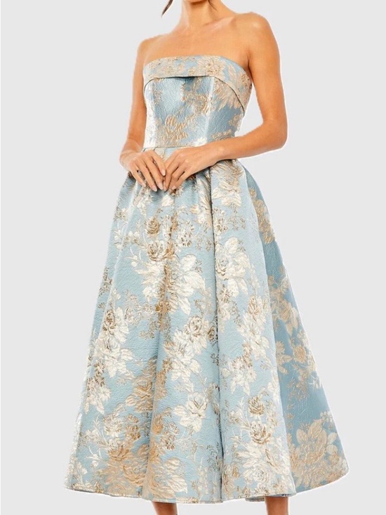 Mac Duggal Dresses & Skirts - Strapless Blue Floral Brocade Midi Dress